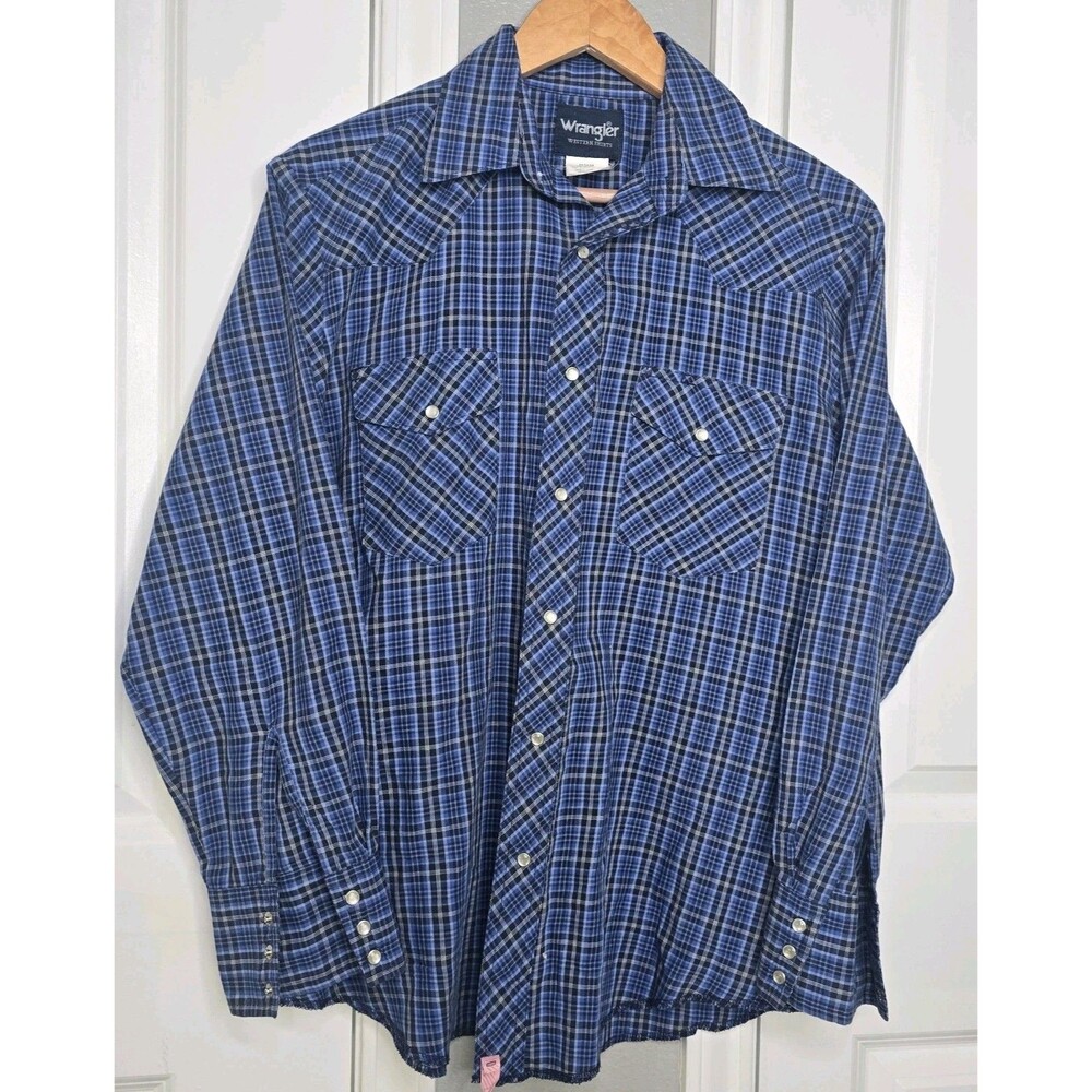Vintage Wrangler Western Shirt Mens Large M Blue Plaid Pearl Snap Cowboy Rodeo
